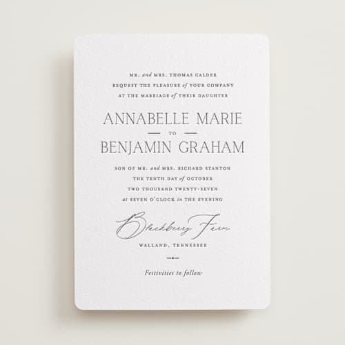 This is a soft black letterpress wedding invitations with letterpress by Oscar and Emma - Karly Depew called perennial printing on white cotton in standard