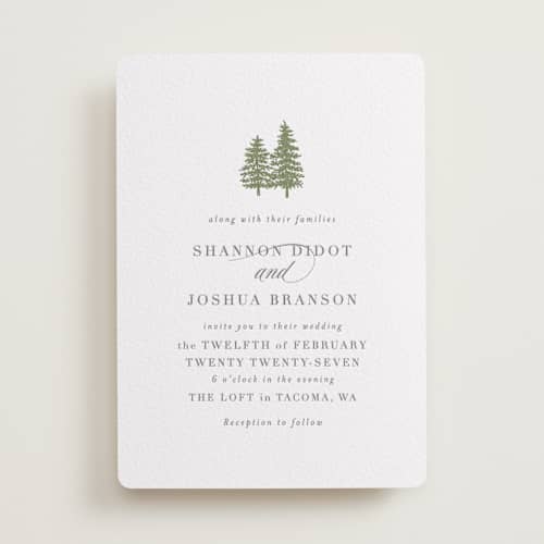 This is a olive letterpress wedding invitations with letterpress by Itsy Belle Studio called evergreens printing on white cotton in standard