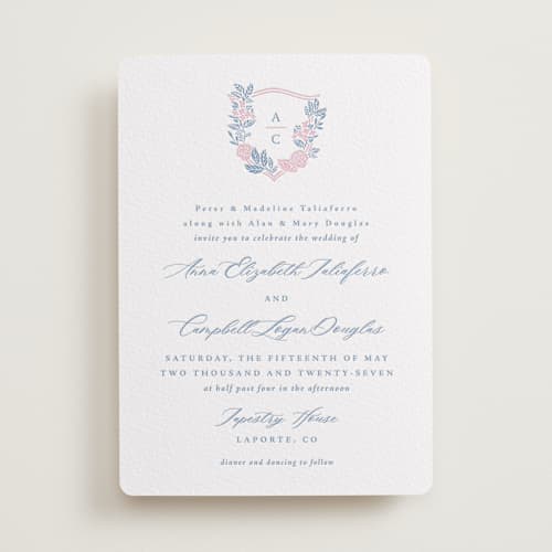 This is a slate letterpress wedding invitations with letterpress by Olivia Raufman called flourishing crest printing on white cotton in standard