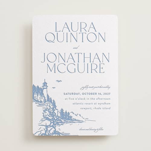 This is a pacific blue letterpress wedding invitations with letterpress by Tennie and Co. called the cliff printing on white cotton in standard