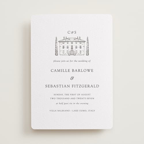 This is a graphite letterpress wedding invitations with letterpress by Melinda Denison called italian countryside printing on white cotton in standard