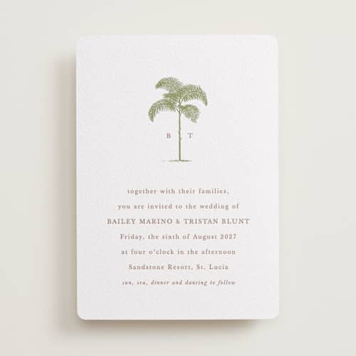 This is a olive letterpress wedding invitations with letterpress by Melinda Denison called palm printing on white cotton in standard