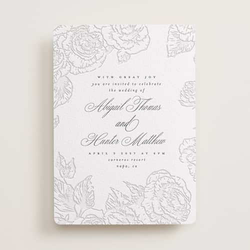 This is a soft black letterpress wedding invitations with letterpress by Leah Bisch called garden printing on white cotton in standard