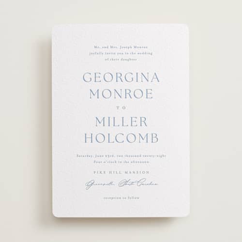 This is a pacific blue letterpress wedding invitations with letterpress by Stacey Meacham called modern air printing on white cotton in standard