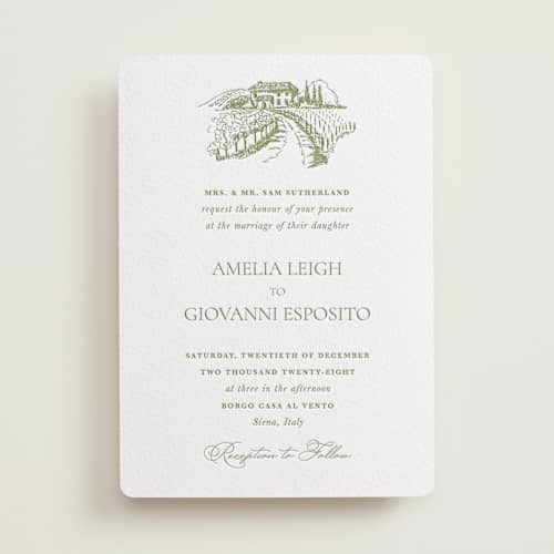 This is a olive letterpress wedding invitations with letterpress by Lucrecia Caporale called vineyard elegance printing on white cotton in standard