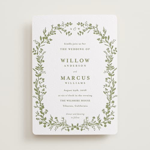 This is a olive letterpress wedding invitations with letterpress by Susan Moyal called greenery vine printing on white cotton in standard