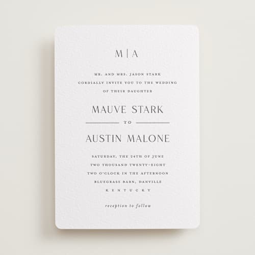 This is a soft black letterpress wedding invitations with letterpress by Stacey Meacham called simple charm printing on white cotton in standard