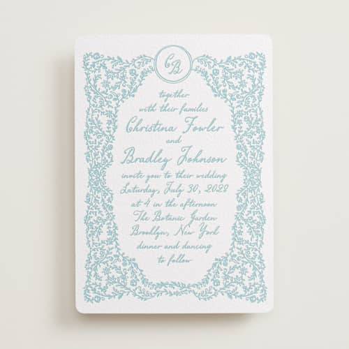 This is a robin's egg letterpress wedding invitations with letterpress by Creo Study called garden romance printing on white cotton in standard