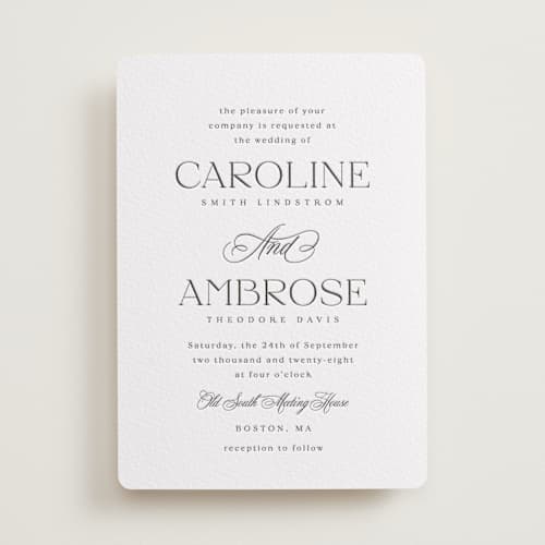 This is a soft black letterpress wedding invitations with letterpress by Olivia Raufman called ambrose printing on white cotton in standard
