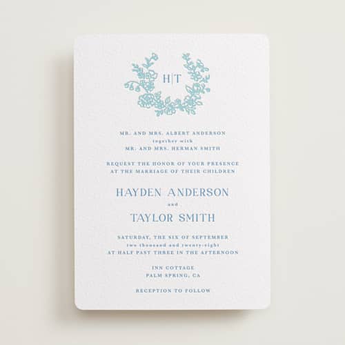 This is a robin's egg | marine blue letterpress wedding invitations with letterpress by Cass Loh called flowers monogram printing on white cotton in standard