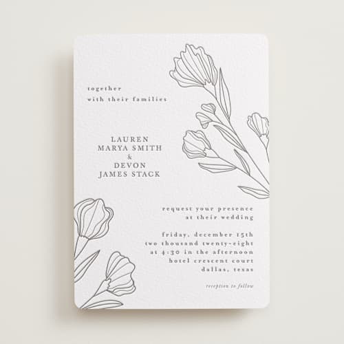 This is a graphite letterpress wedding invitations with letterpress by Deynaaz Daraei called bouvardia printing on white cotton in standard