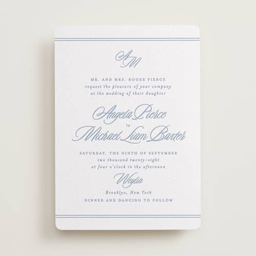 This is a pacific blue letterpress wedding invitations with letterpress by Creo Study called stately printing on white cotton in standard