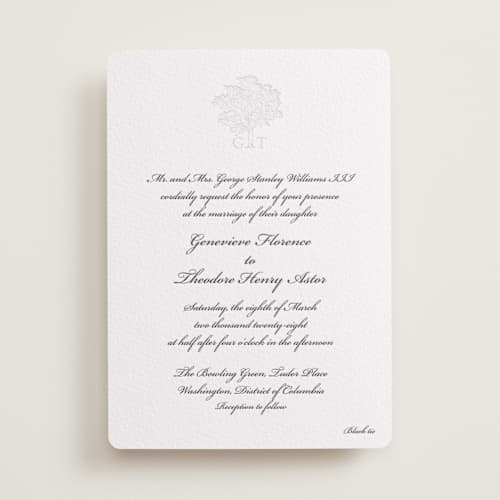 This is a soft black | blind deboss letterpress wedding invitations with letterpress by Clover and Lamb called astor elegance printing on white cotton in standard