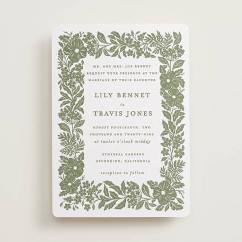 This is a artichoke letterpress wedding invitations with letterpress by Sarah Knight called ethereal gardens printing on white cotton in standard