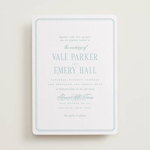 This is a robin's egg letterpress wedding invitations with letterpress by Hudson meet Rose called hamptons printing on white cotton in standard