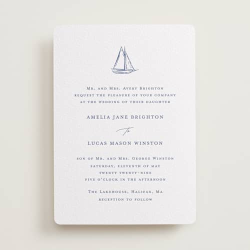 This is a indigo letterpress wedding invitations with letterpress by Jelena Vuletic called mariner printing on white cotton in standard