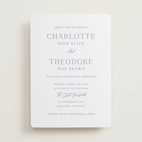 This is a bluebell letterpress wedding invitations with letterpress by Jen Movitz called simple type printing on white cotton in standard