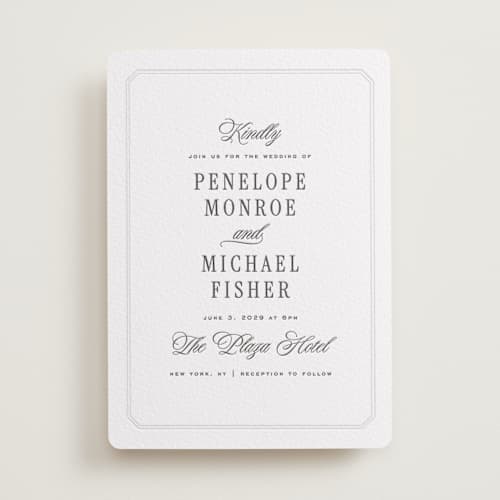 This is a soft black letterpress wedding invitations with letterpress by Leah Bisch called outlined printing on white cotton in standard