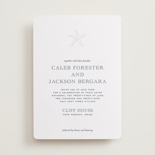 This is a blueberry letterpress wedding invitations with letterpress by Jenna Holcomb called the sea printing on white cotton in standard