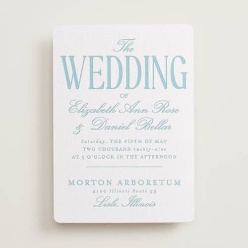 This is a robin's egg letterpress wedding invitations with letterpress by Baumbirdy called big day printing on white cotton in standard
