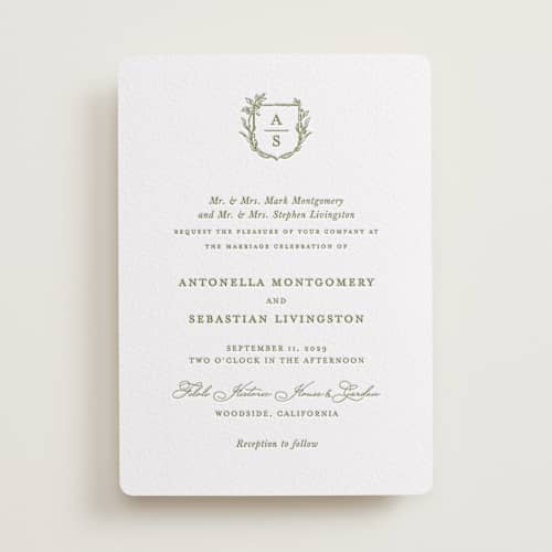 This is a olive letterpress wedding invitations with letterpress by Lucrecia Caporale called botanical crest printing on white cotton in standard