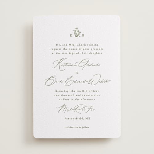 This is a artichoke letterpress wedding invitations with letterpress by Olivia Raufman called posy printing on white cotton in standard