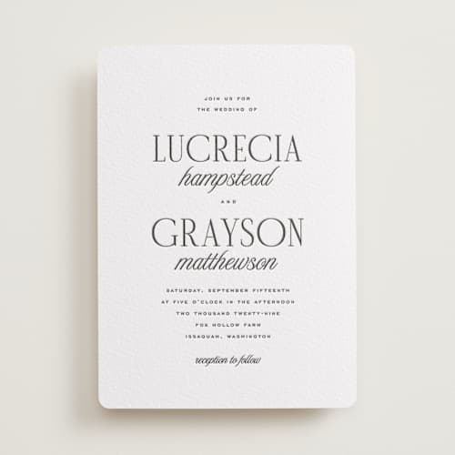 This is a soft black letterpress wedding invitations with letterpress by Kamala Nahas called grayson printing on white cotton in standard