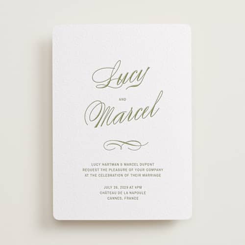 This is a olive letterpress wedding invitations with letterpress by Ani Somi called love in the afternoon printing on white cotton in standard