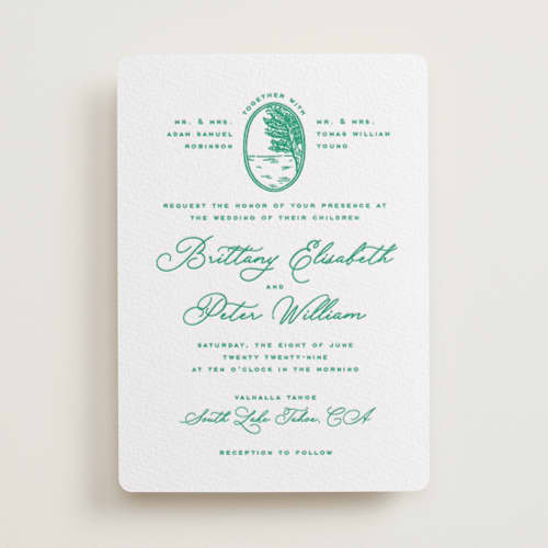 This is a racing green letterpress wedding invitations with letterpress by Claudia Orengo called lakeview printing on white cotton in standard