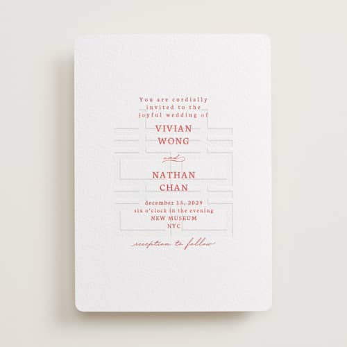 This is a ruby letterpress wedding invitations with letterpress by Deborah Chou called simply happy printing on white cotton in standard