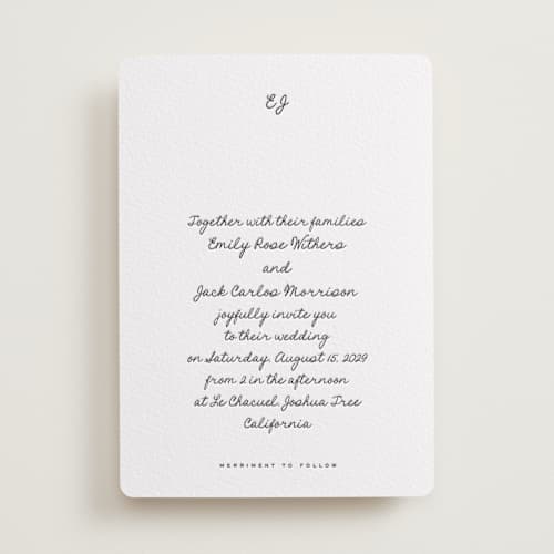 This is a soft black letterpress wedding invitations with letterpress by Blustery August called lover's lantern printing on white cotton in standard