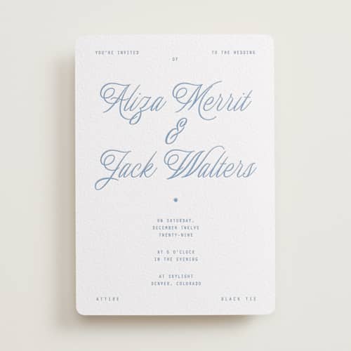 This is a pacific blue letterpress wedding invitations with letterpress by Blustery August called cheers printing on white cotton in standard