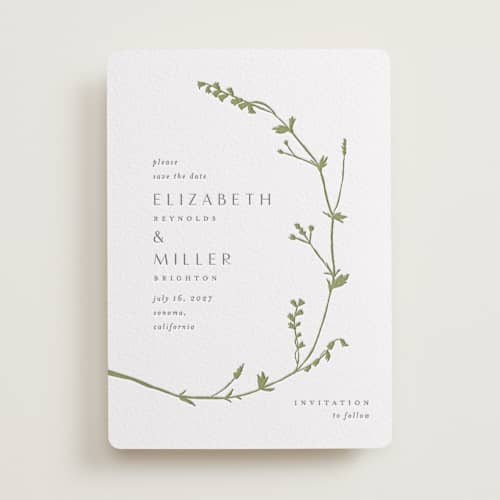 This is a olive save the date with letterpress by Amy Kross called vine wrap printing on white cotton in standard