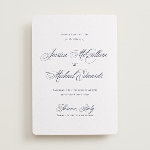 This is a blueberry save the date with letterpress by Jennifer Postorino called empire printing on white cotton in standard