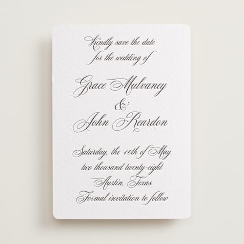 This is a soft black save the date with letterpress by Janean Hinger called scripted in love printing on luxe white cotton in standard
