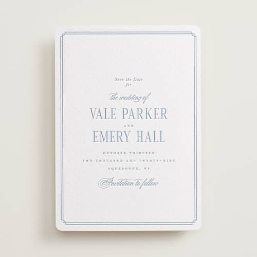 This is a robin's egg save the date with letterpress by Hudson meet Rose called hamptons printing on white cotton in standard