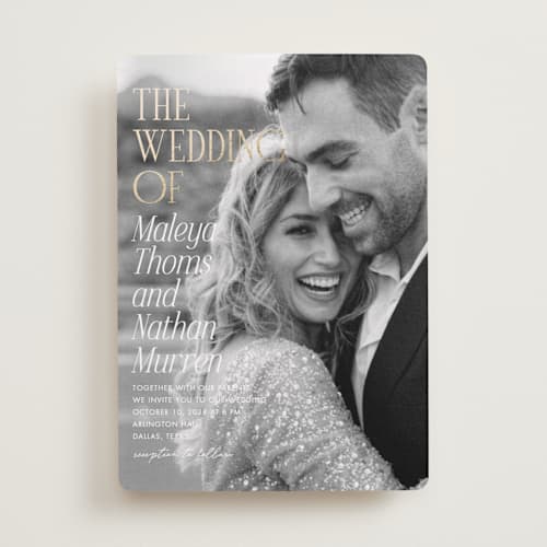 This is a lace foil stamped wedding invitations with foil pressed by Kaydi Bishop called magazine printing on recycled smooth signature in standard