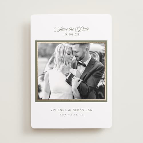 This is a sage foil stamped save the date cards with foil pressed by Lucrecia Caporale called country elegance printing on recycled smooth signature in standard