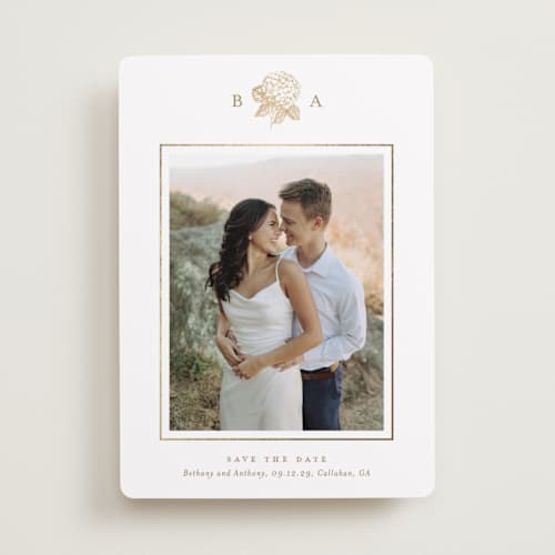 This is a cotton foil stamped save the date cards with foil pressed by Stacey Meacham called hydrangea bloom printing on recycled smooth signature in standard