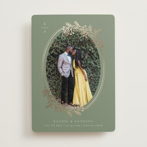 This is a fern foil stamped save the date cards with foil pressed by Jen Owens called vine wrap printing on recycled smooth signature in standard