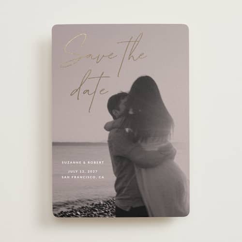 This is a rose foil stamped save the date cards with foil pressed by Sumak Studio called blush printing on recycled smooth signature in standard