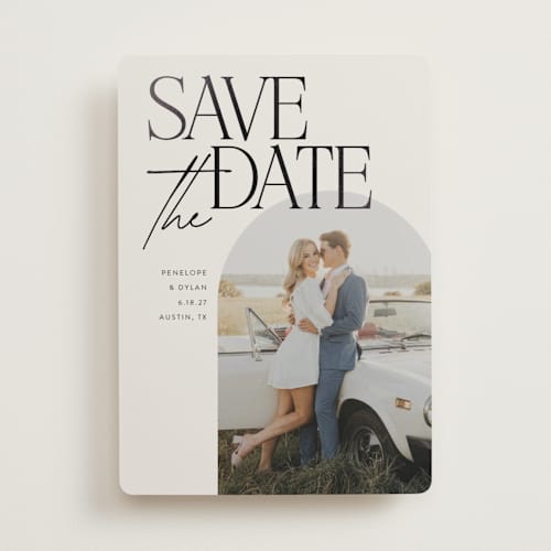 This is a ecru foil stamped save the date cards with foil pressed by Morgan Kendall called penelope printing on recycled smooth signature in standard