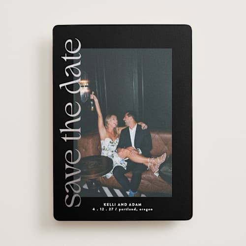 This is a ink foil stamped save the date cards with foil pressed by Roxy Cervantes called cover page printing on recycled smooth signature in standard