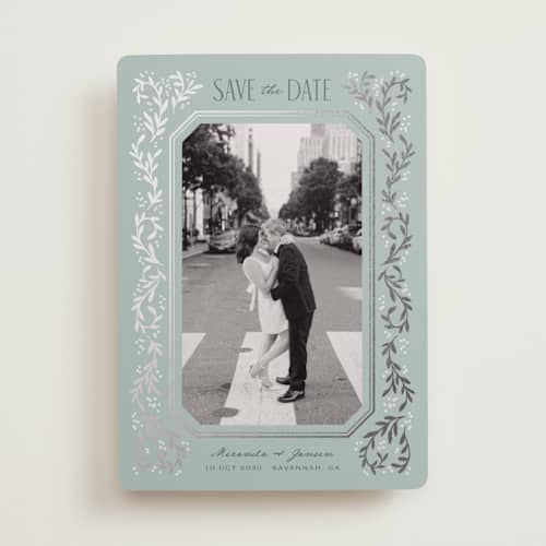 This is a seafoam foil stamped save the date cards with foil pressed by Laura Hankins called ornate vines printing on recycled smooth signature in standard