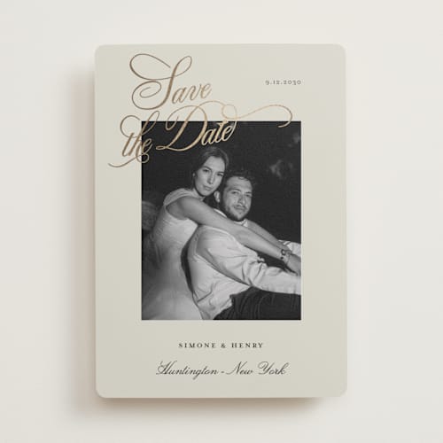 This is a champagne foil stamped save the date cards with foil pressed by Benita Crandall called flourishing script printing on recycled smooth signature in standard