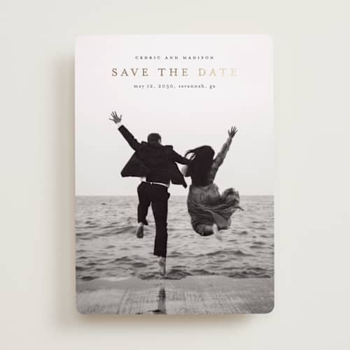 This is a ink foil stamped save the date cards with foil pressed by Stacey Meacham called uncomplicated printing on recycled smooth signature in standard