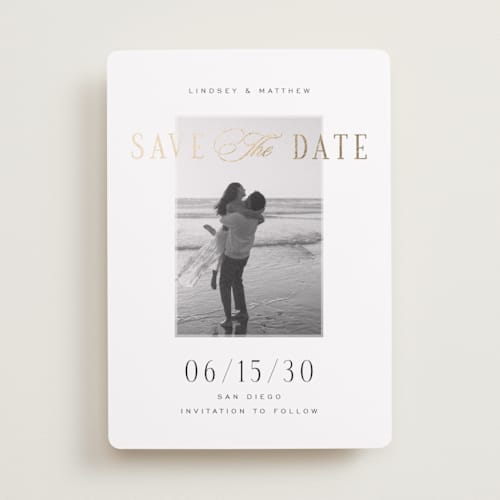 This is a noir foil stamped save the date cards with foil pressed by Jennifer Postorino called layered printing on recycled smooth signature in standard