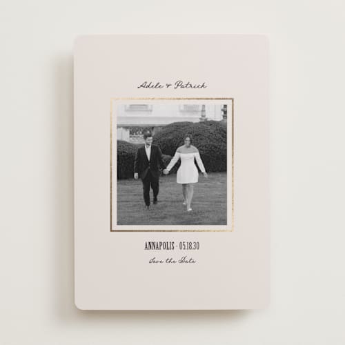 This is a cameo foil stamped save the date cards with foil pressed by Kristen Juckiewicz called treasured printing on recycled smooth signature in standard