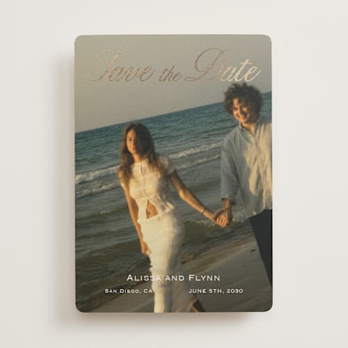 This is a ivory foil stamped save the date cards with foil pressed by Stephanie Heinrich Godbout called forever kiss printing on recycled smooth signature in standard