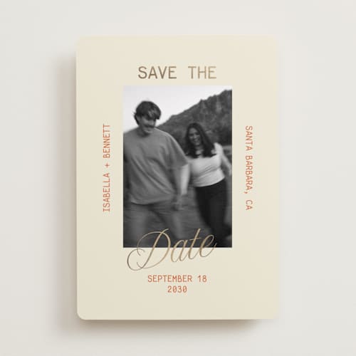 This is a persimmon foil stamped save the date cards with foil pressed by Roseberry called bennett printing on recycled smooth signature in standard